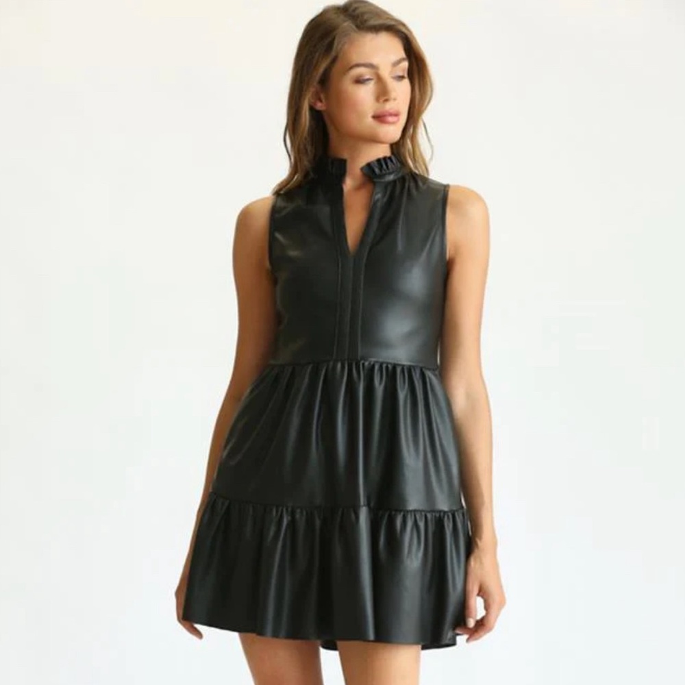 Fate Black Faux Leather Sleeveless Ruffle Dress